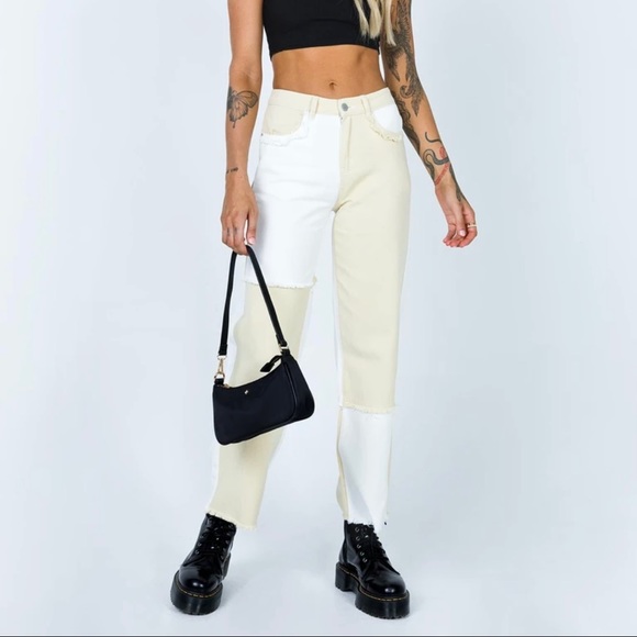 Princess Polly - OUTCAST STRAIGHT LEG PANEL JEANS BEIGE/WHITE - Picture 2 of 7